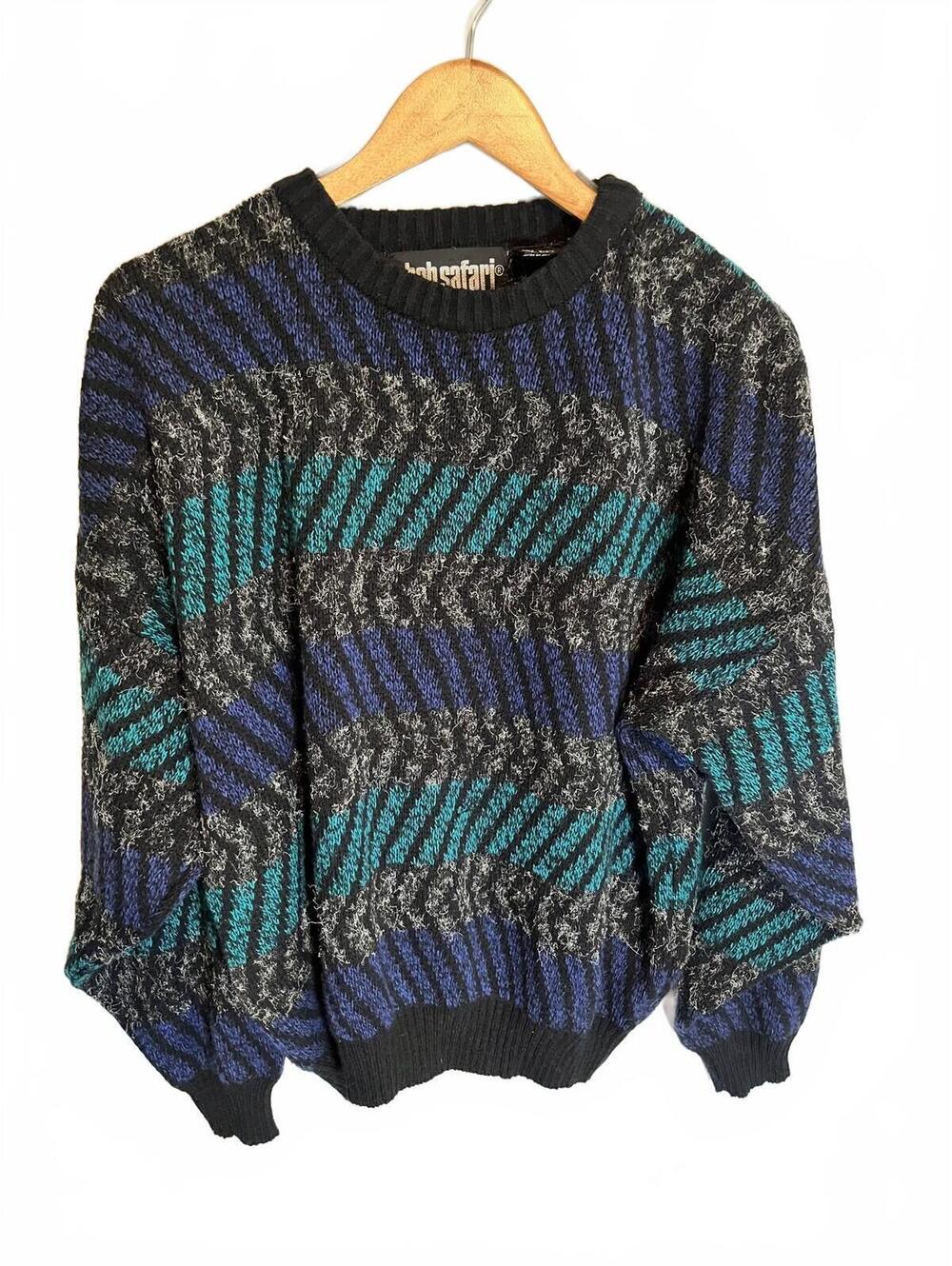 VINTAGE Geometric Sweater Men Large Blue Gray Black Crew Neck Grandpa 80s